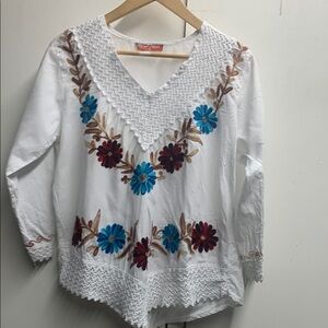 White and Blue Asymmetrical Embroidered Blouse